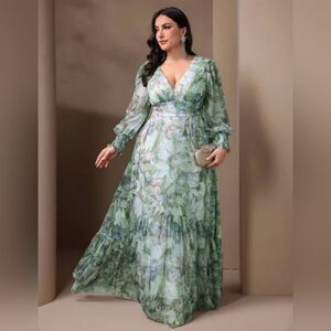 Toleen Elegant Green Floral Maxi Dress